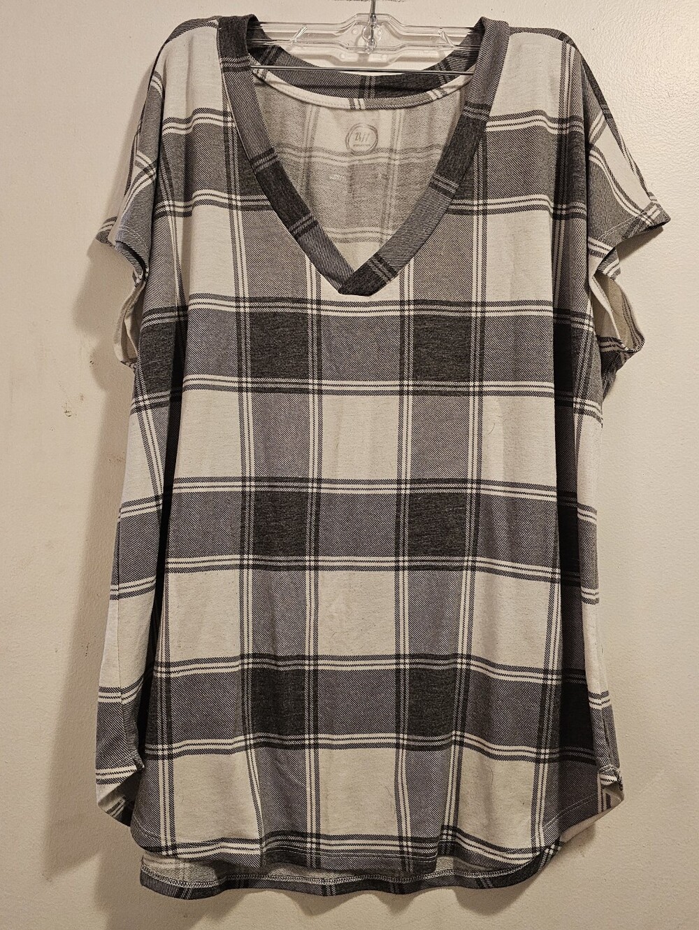 24/7 Comfort Apparel Plaid V-Neck Oversized Tunic Top XL Black White